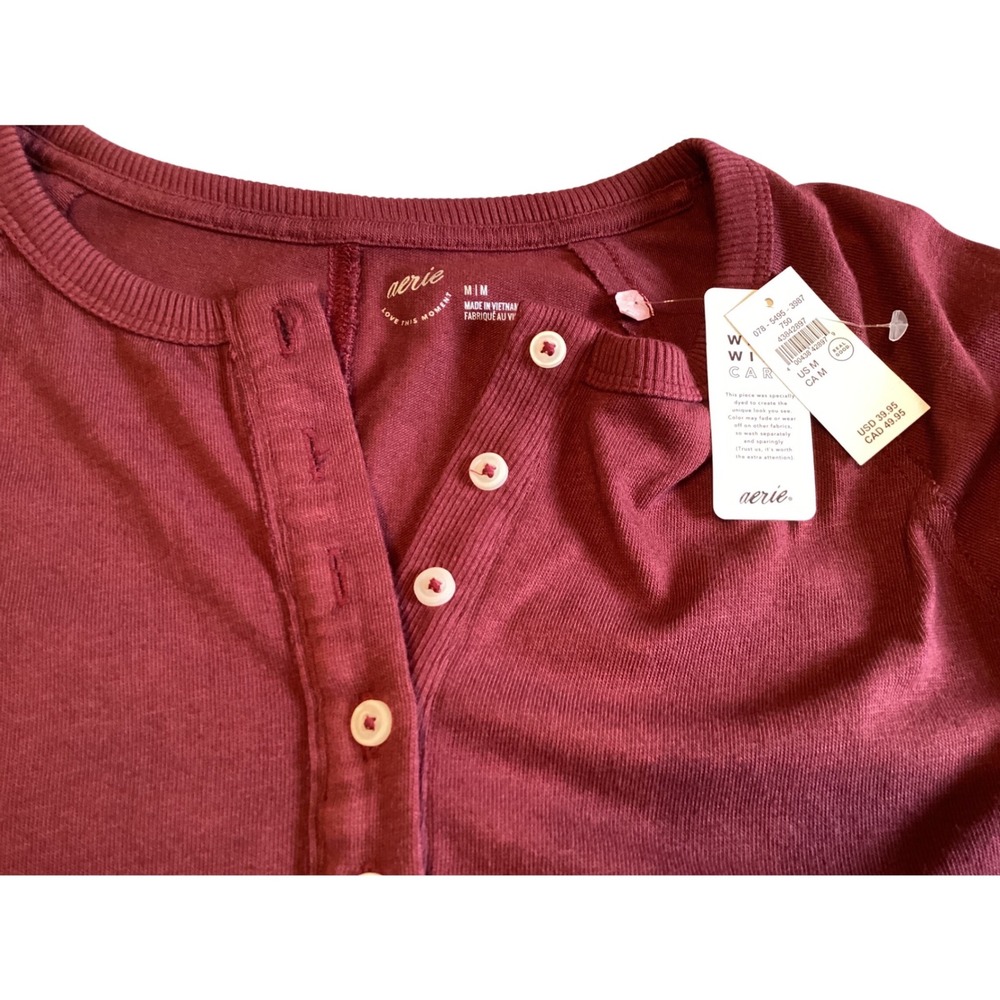 Aerie Womens Burgundy Henley Cropped Sweatshirt Long Sleeve Button Front Size M - Picture 4 of 4